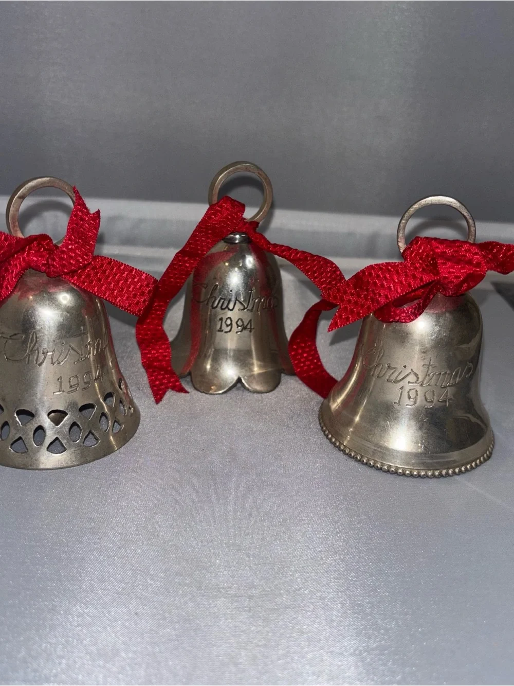 Silver Christmas Bell Ornaments handmade India (1994) - Set of 3 silver plated